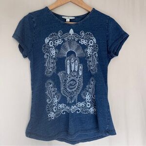 Lucky Lotus Indigo Boho Tee Hamsa Hand Embroidered Graphic Top Small